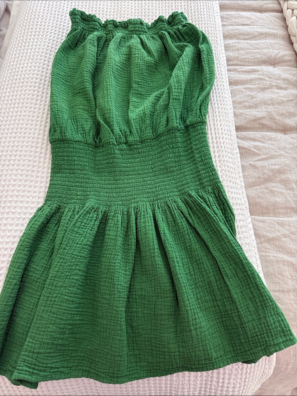 bobi Strapless Green Textured Smocked Waist Dress